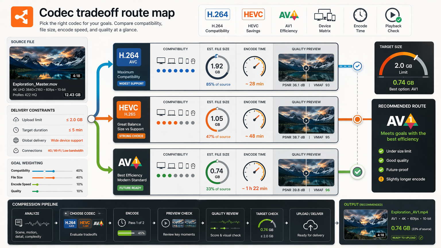 Codec tradeoff route map comparing H.264 compatibility, HEVC savings, AV1 efficiency, device matrix, encode clock, and playback check.