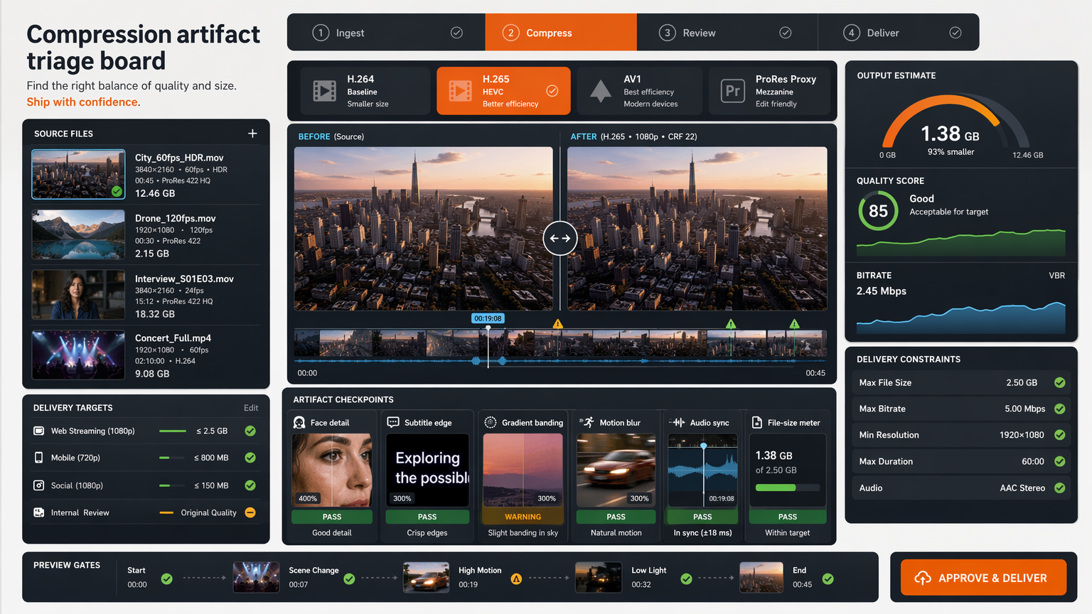 Compression quality triage board showing face detail, subtitle edge clarity, gradient banding, motion stability, audio sync, and file-size review.