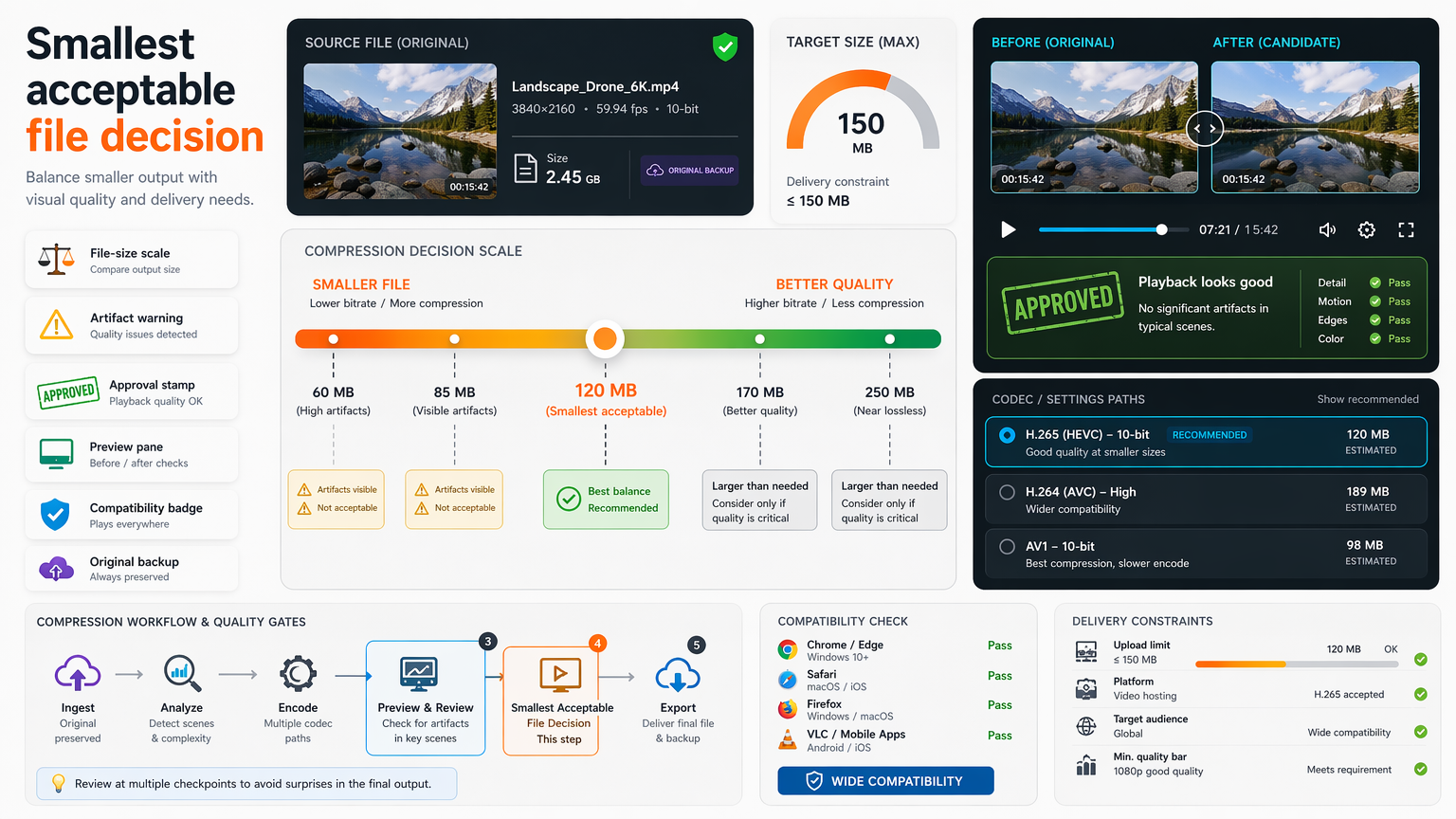 Decision scale balancing smaller video output against visible artifact warnings, playback approval, file-size target, and original backup.