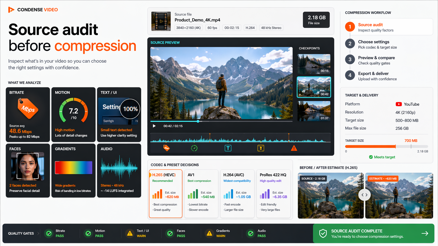 Source video audit dashboard showing bitrate, motion, UI text, face detail, gradients, and audio waveform before compression settings are chosen.