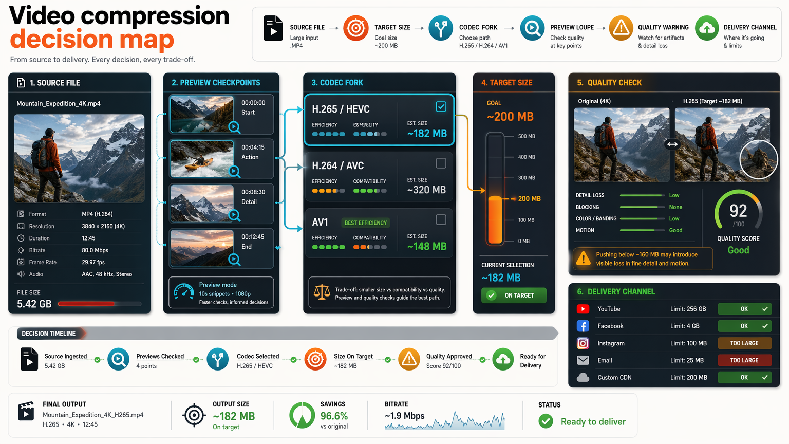 Video compression decision map showing source file, target size, codec choice, preview checkpoints, quality warnings, and delivery channel decisions.