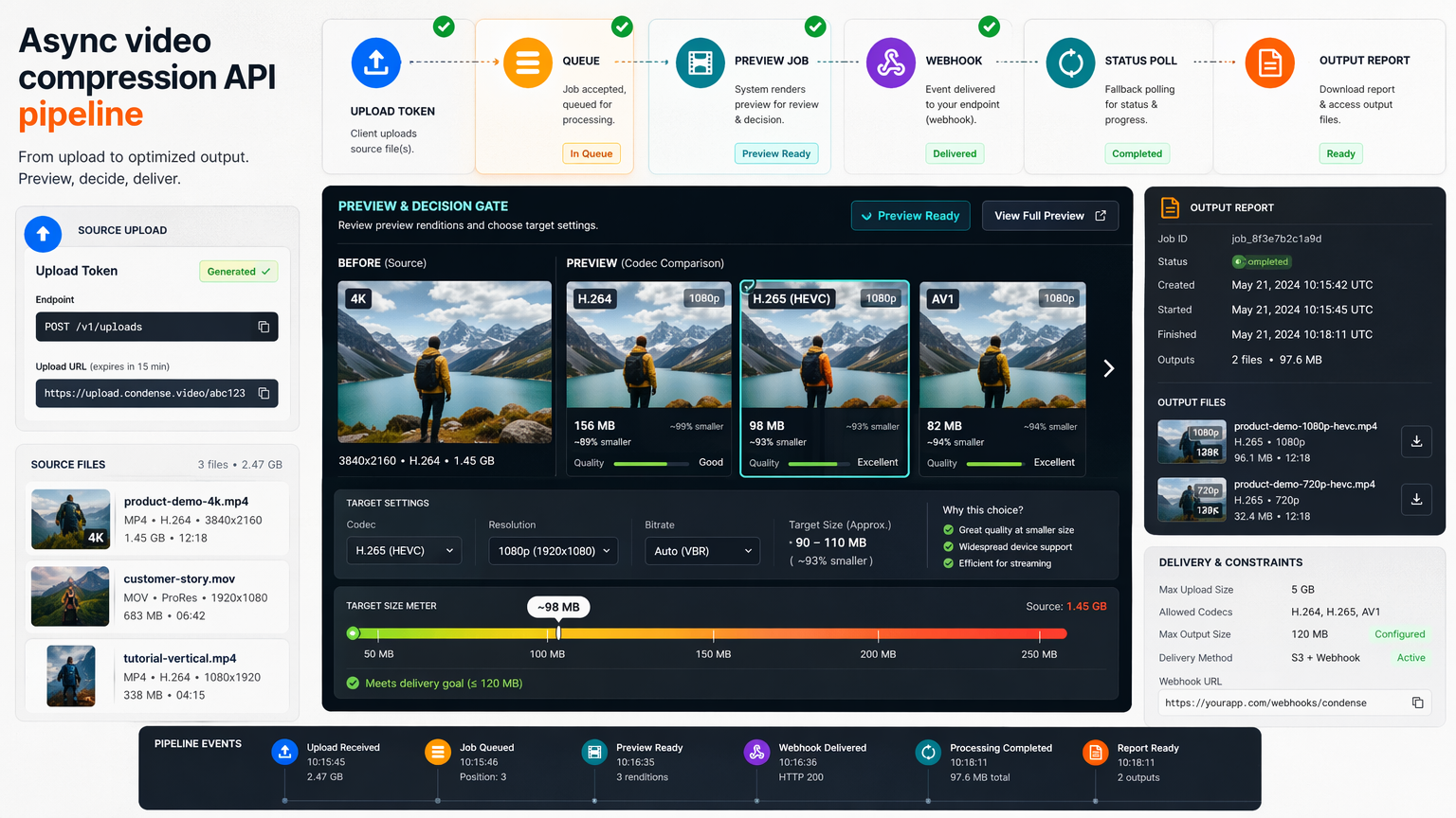 Async video compression API pipeline showing upload token, queue lane, preview job, webhook callback, status polling, and output report.
