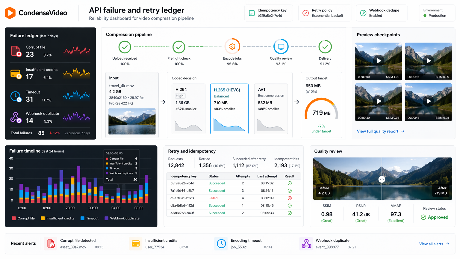 Developer reliability dashboard showing idempotency key, retry arrow, corrupt file, insufficient credits, timeout clock, and duplicate webhook handling.